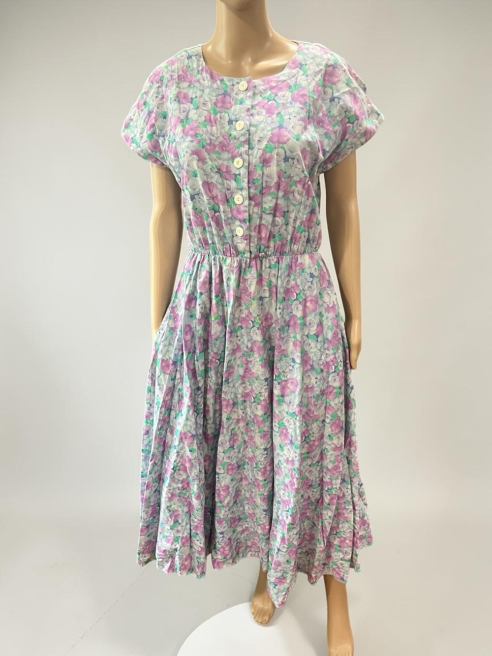 Vintage 80’s Floral cotton watercolor Midi Dress with pockets